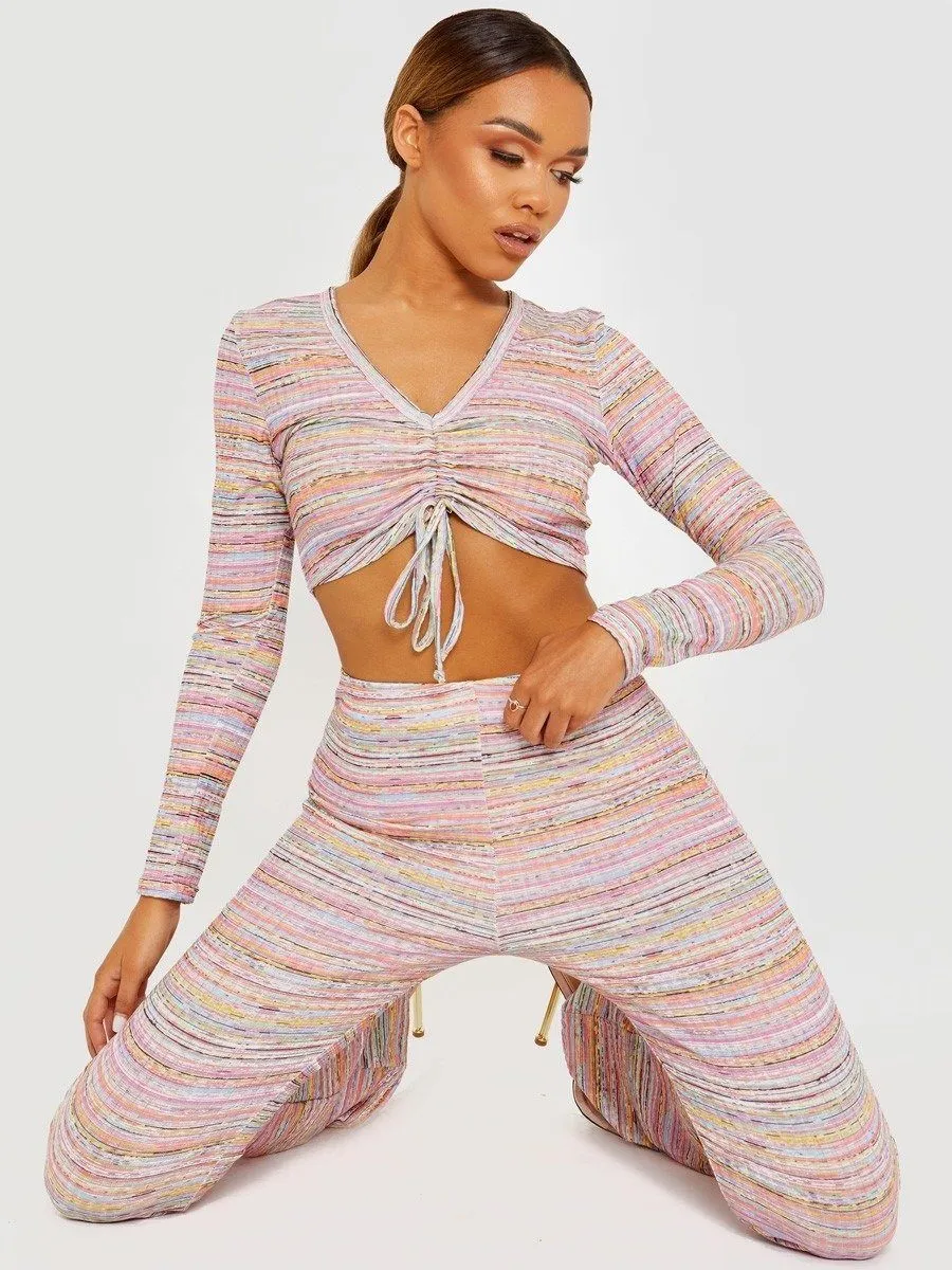 Multicolour Ruched Crop Top And Trousers Co-ord Set Pink