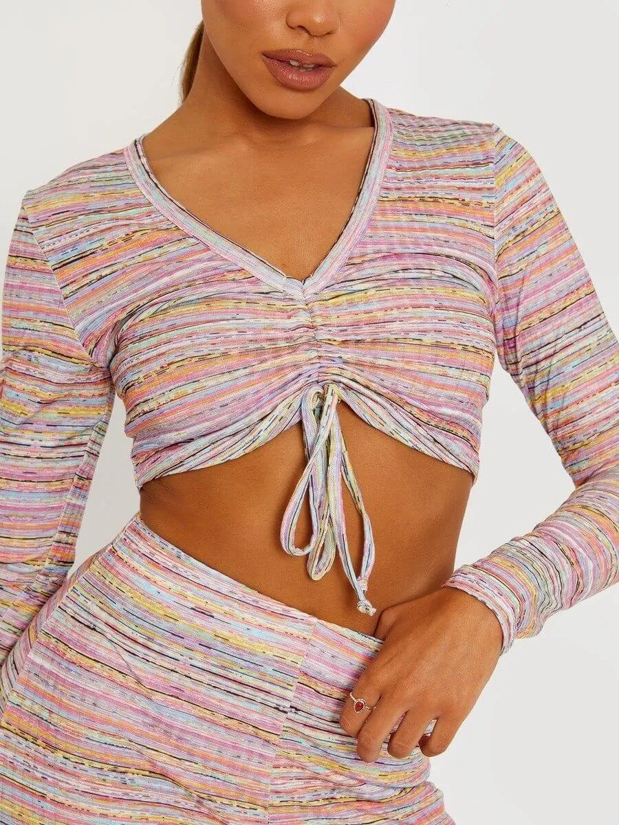 Multicolour Ruched Crop Top And Trousers Co-ord Set Pink