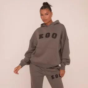 Oversized Ego Graphic Slogan Print Hoodie In Charcoal Grey