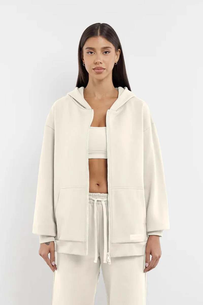 Oversized Tonal Back Print Zip Hoodie- Ivory