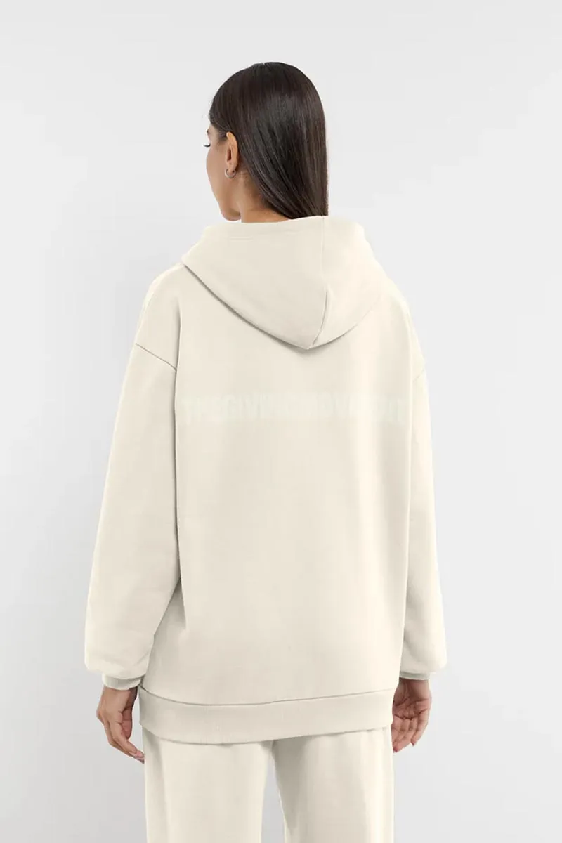 Oversized Tonal Back Print Zip Hoodie- Ivory