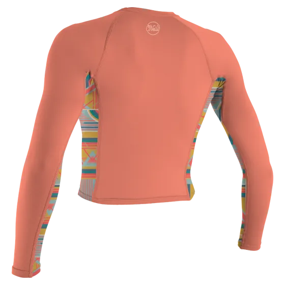 O'Neill Side Print Womens Long Sleeve Crop Top Rash Vest - Burnt Coral/ Arta Geo