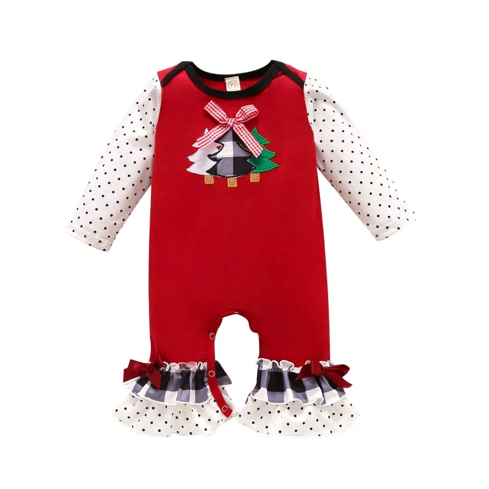 Polka dot red Christmas tree romper