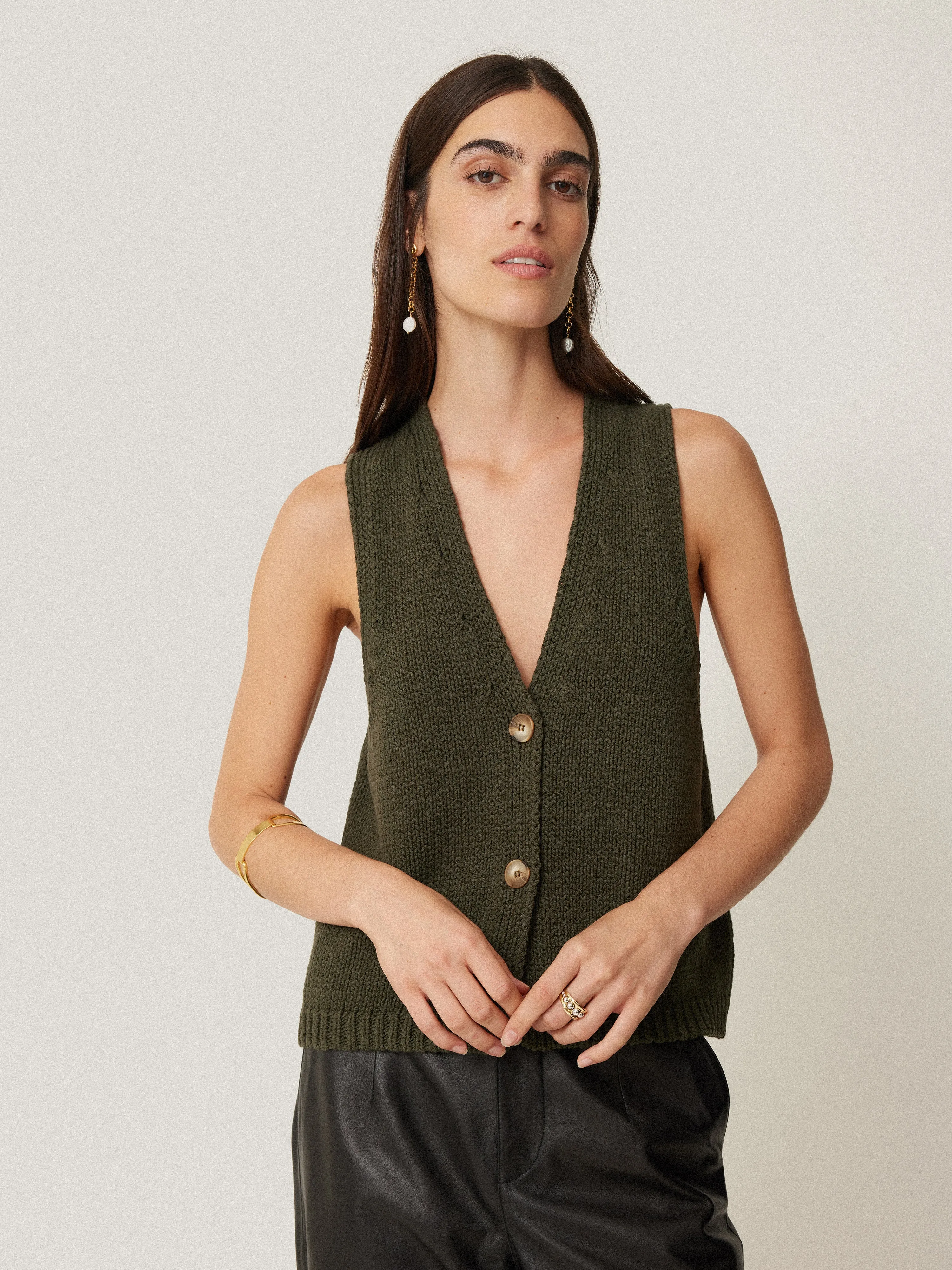 Pure Cotton Knitted Waistcoat | Khaki