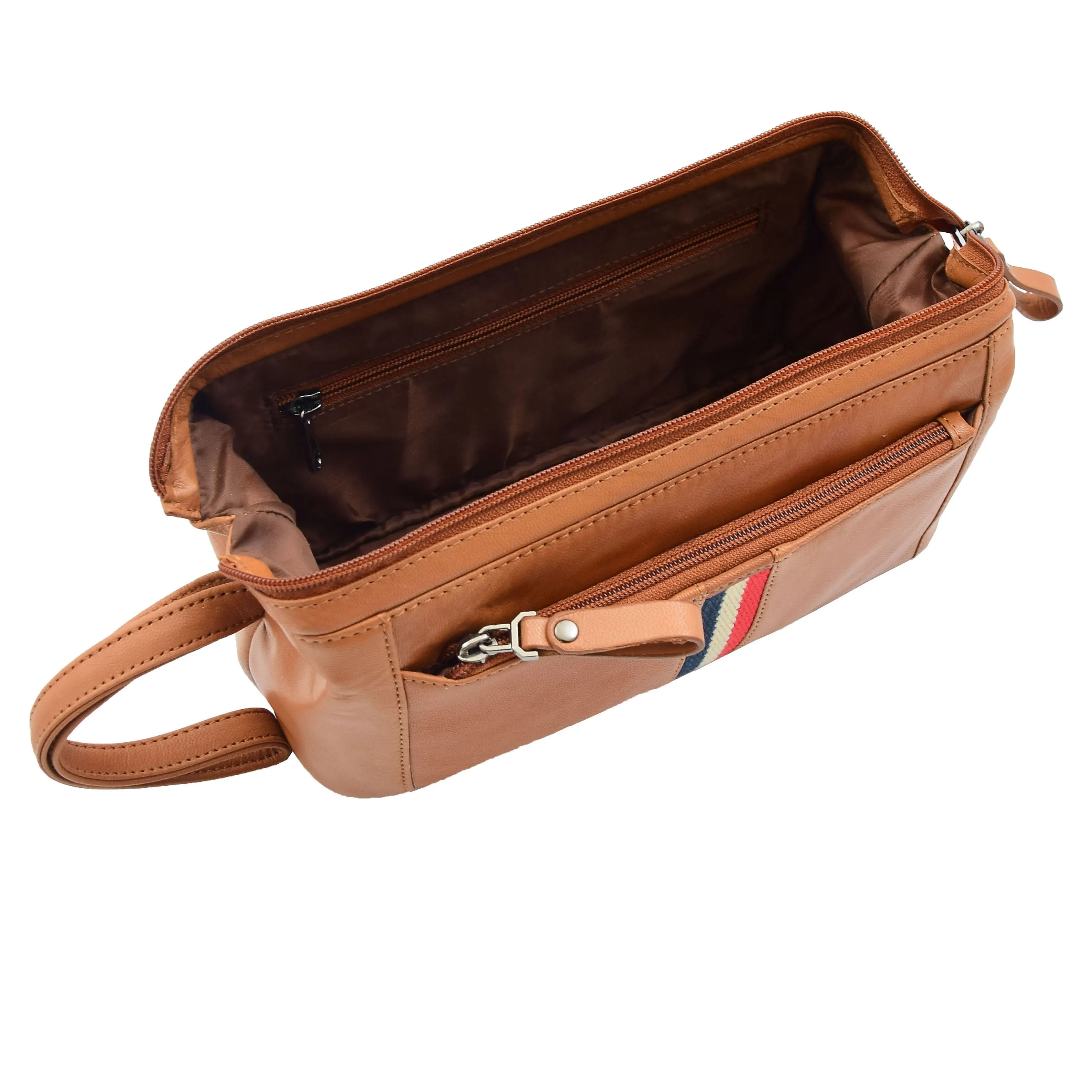 Real Leather Toiletry Wash Bag Wrist Pouch HOL951 Cognac