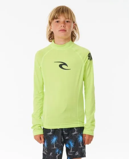 Rip Curl Brand Wave UPF Boys Long Sleeve Rash Vest - Lime