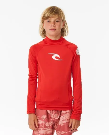 Rip Curl Brand Wave UPF Boys Long Sleeved Rash Vest - Red