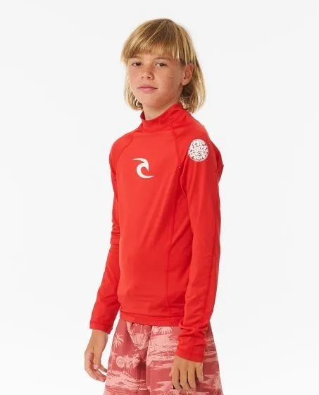 Rip Curl Brand Wave UPF Boys Long Sleeved Rash Vest - Red