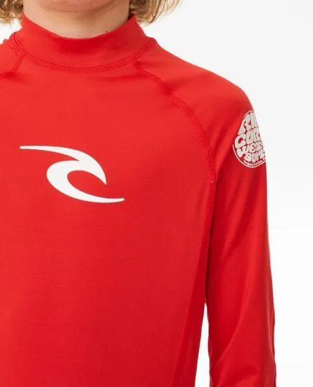 Rip Curl Brand Wave UPF Boys Long Sleeved Rash Vest - Red