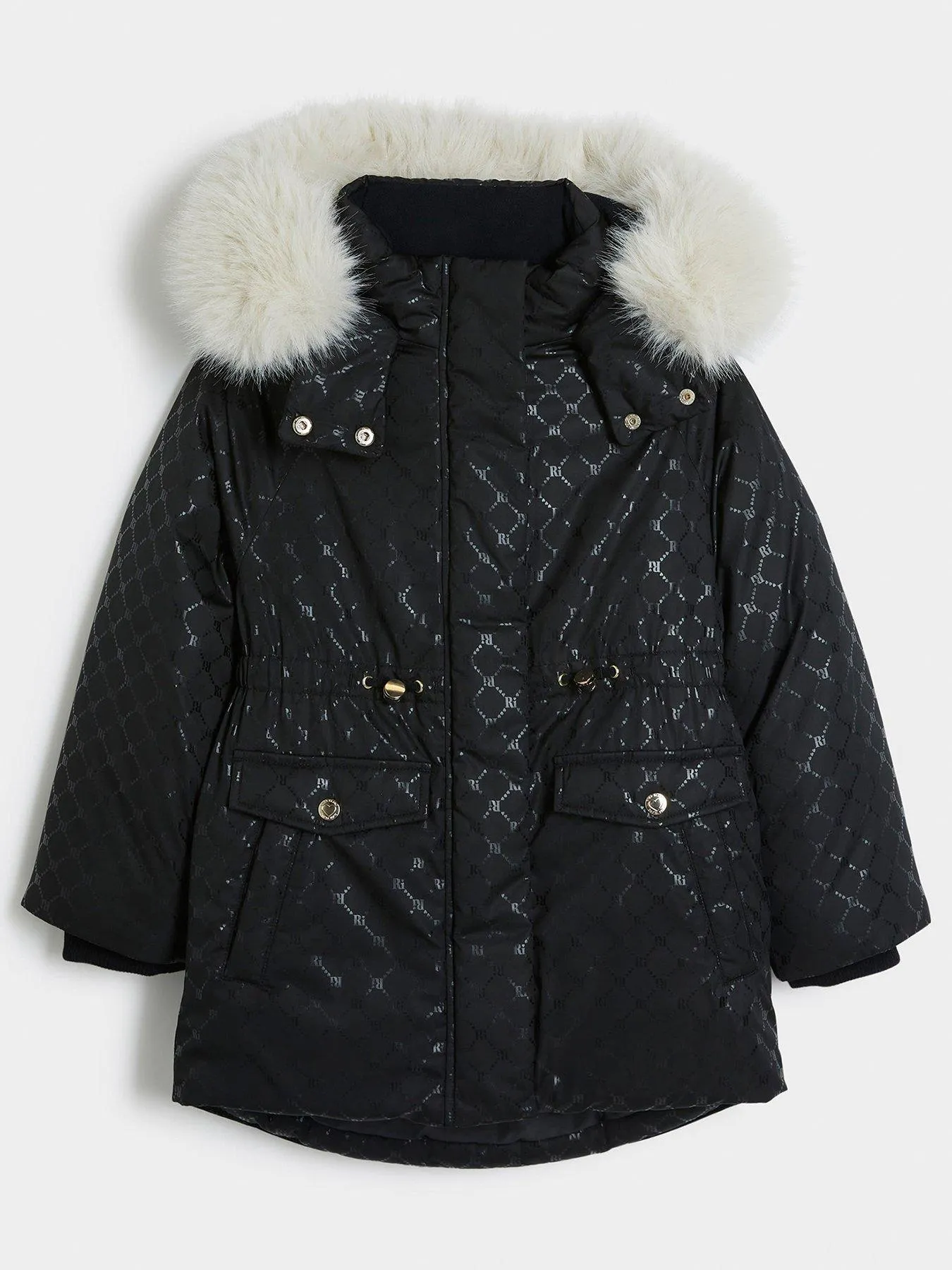 River Island Girls Ri Monogram Padded Hooded Jacket - Black