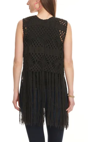 Rock & Roll Denim Women's Black Crochet Long Fringed Vest