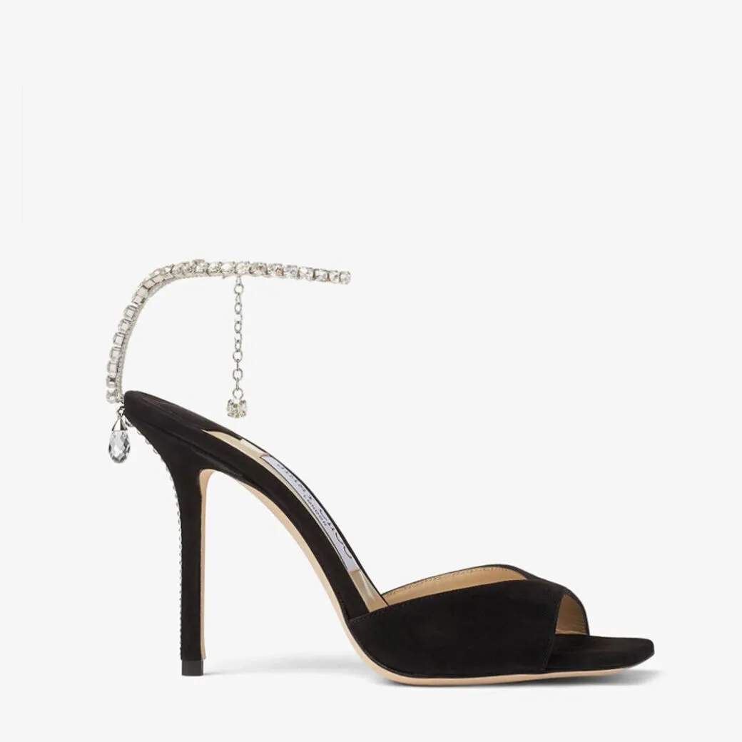 Saeda Sandal 100 Black Suede Sandals with Crystal Embellishment