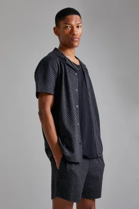 Short Sleeve Geo Jacquard Shirt And Short | boohooMAN UK