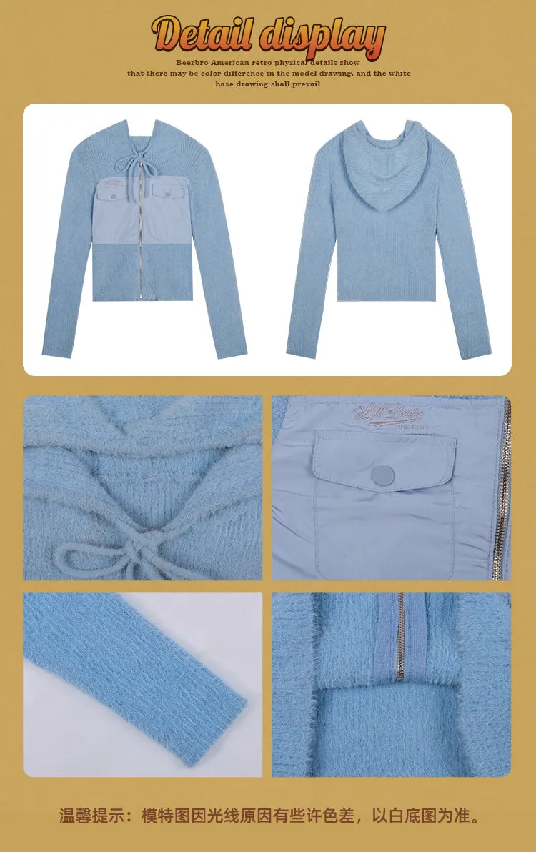 Sophia Solid Color Baby Blue Patchwork Ribbed Long Sleeve Zip Up Hoodie