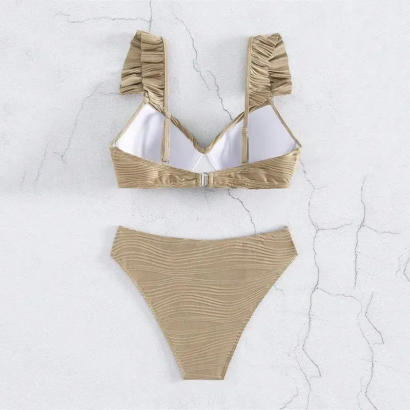 Twisted Bust Ruffled Straps Bikini Set