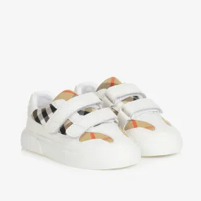 White & Beige Check Leather Trainers