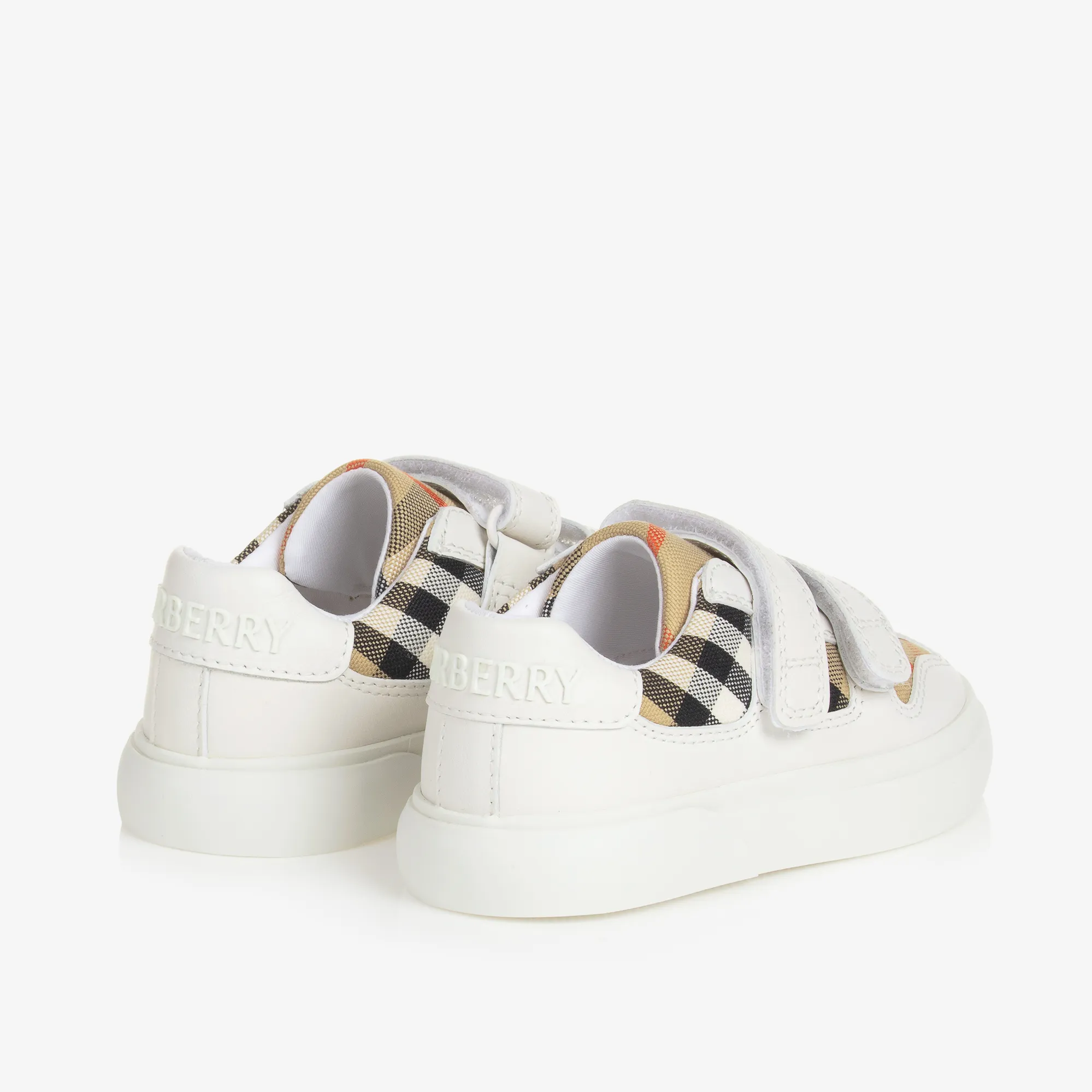 White & Beige Check Leather Trainers