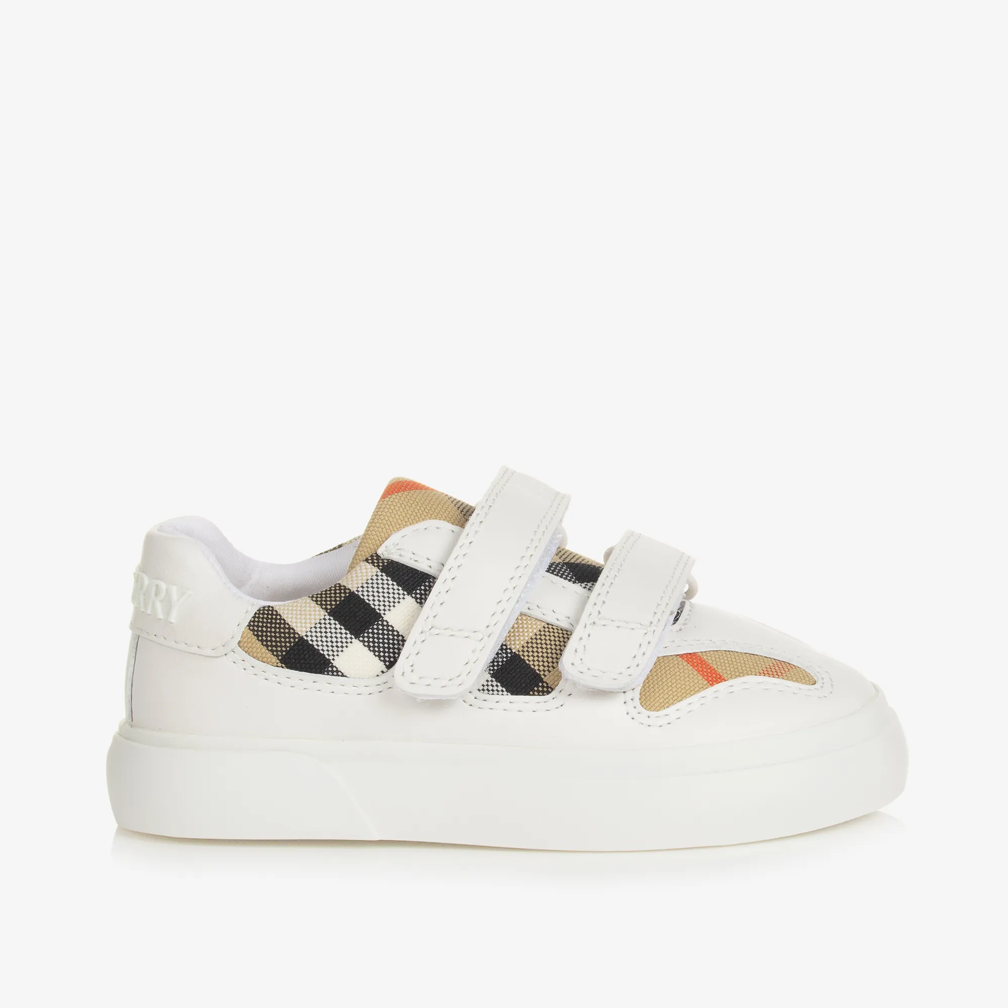 White & Beige Check Leather Trainers