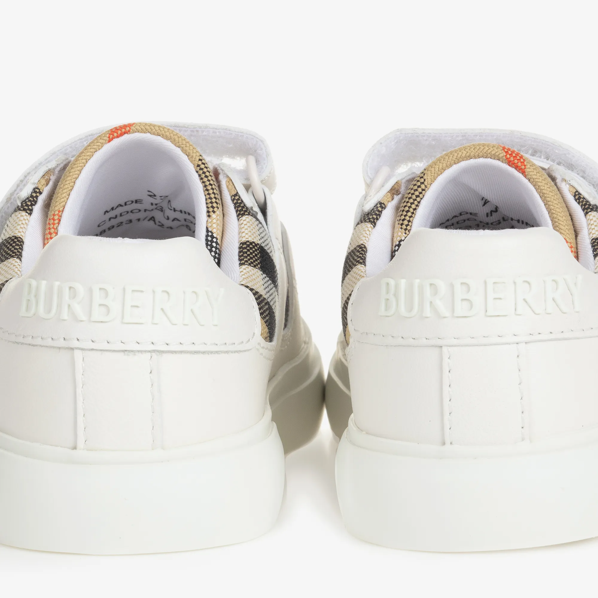 White & Beige Check Leather Trainers