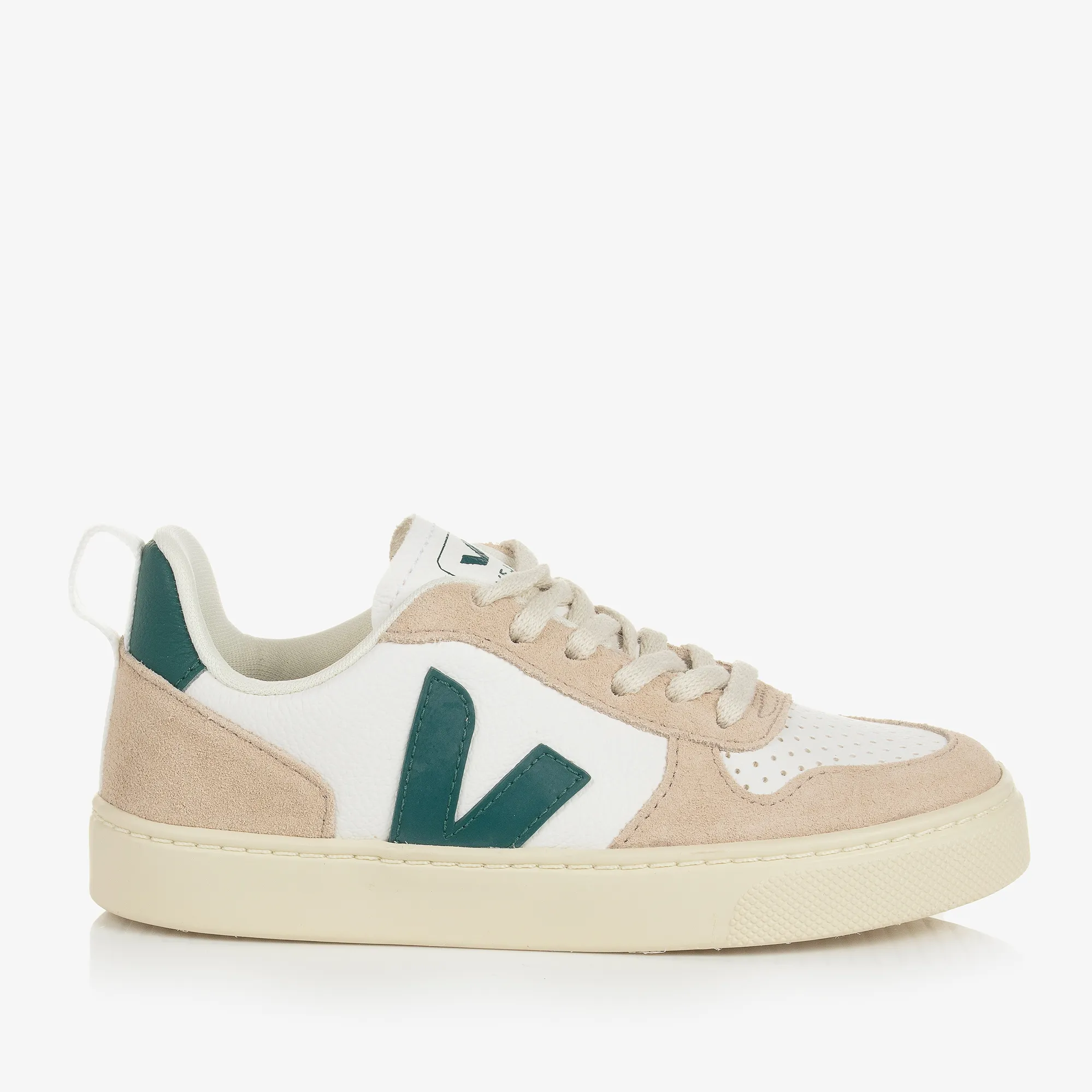 White & Green Leather V-10 Trainers