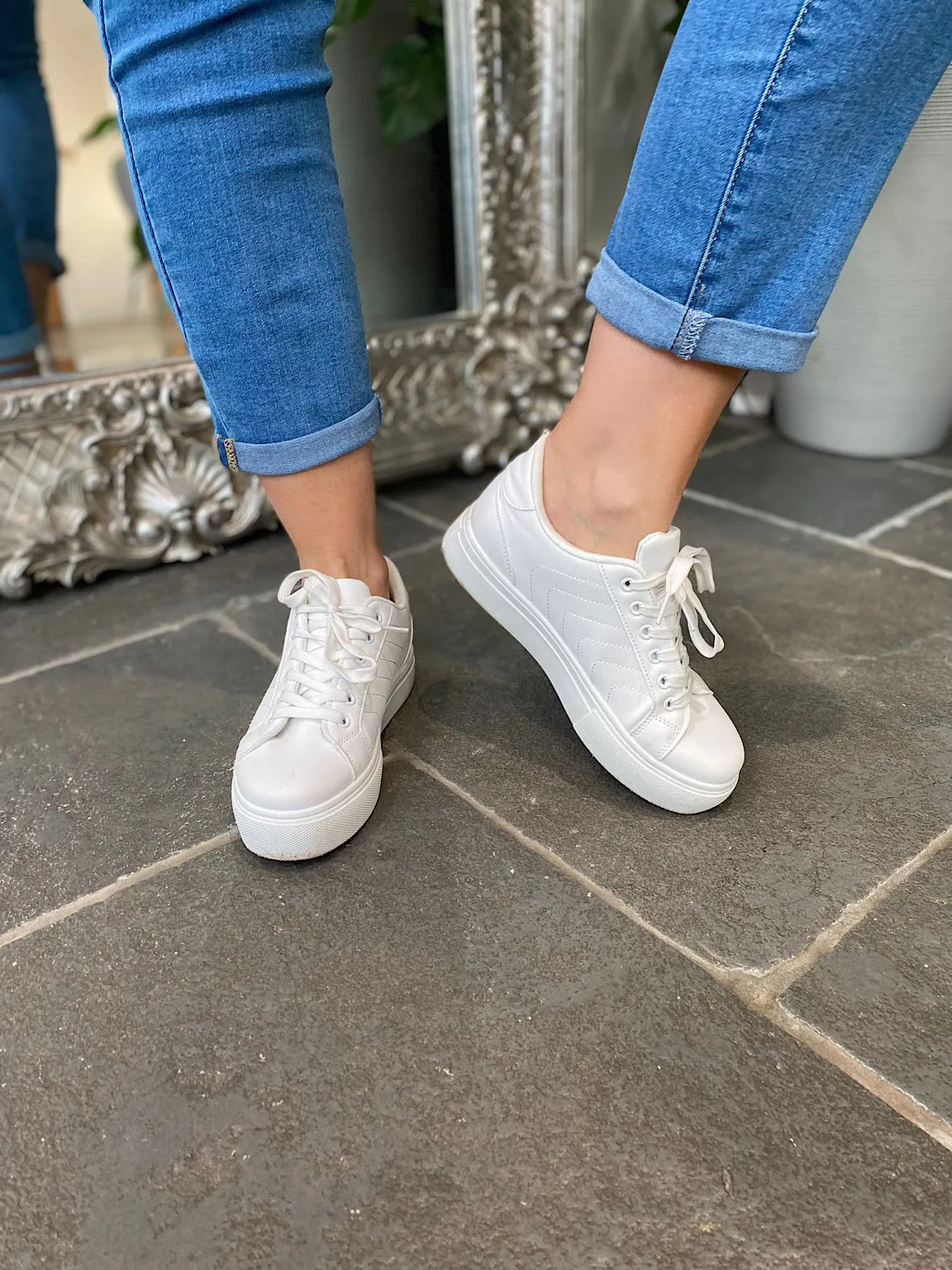 White Stitch Detail Platform Trainers