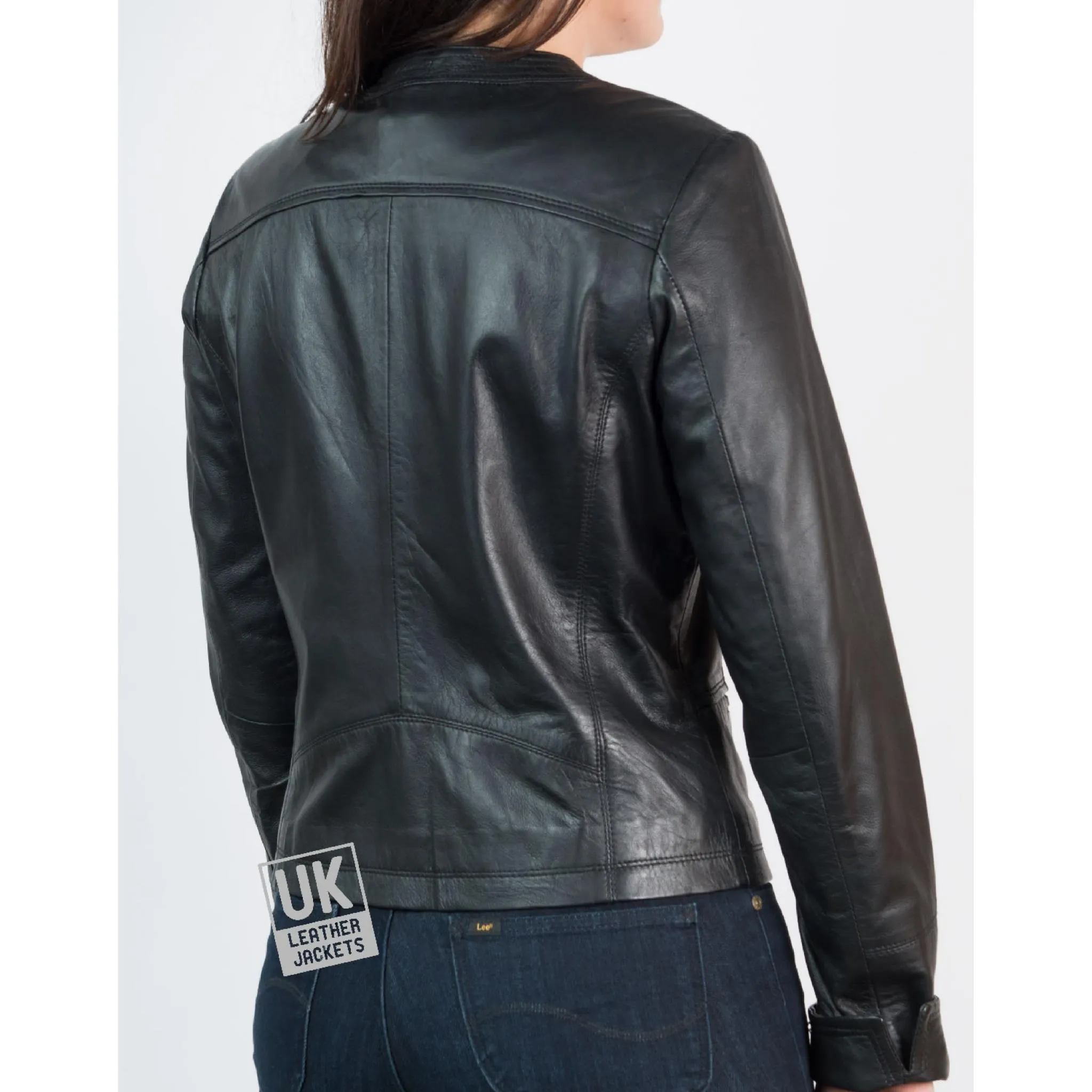 Women's Collarless Black Leather Jacket - Kilder | Free UK Delivery