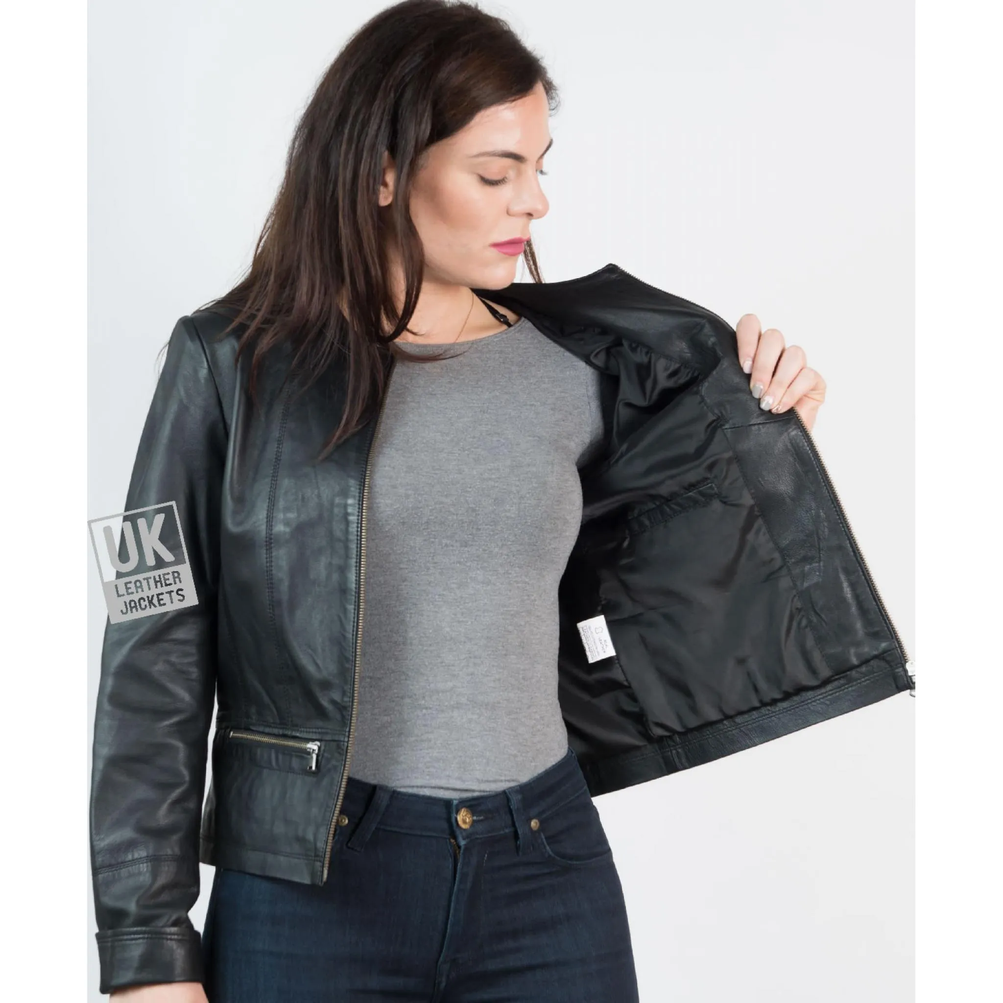 Women's Collarless Black Leather Jacket - Kilder | Free UK Delivery