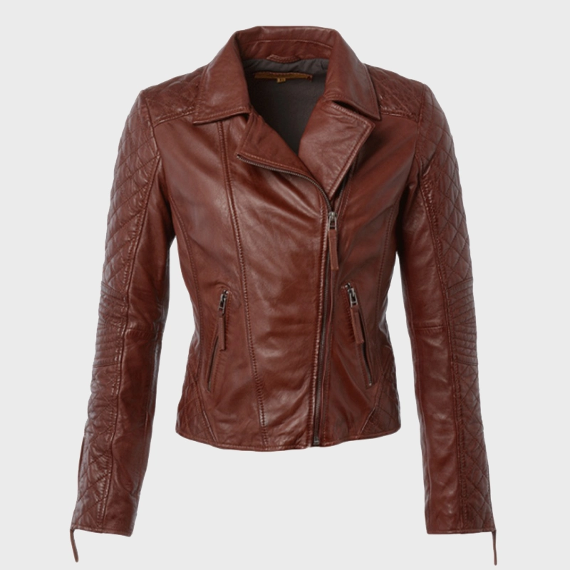 Women's Quilited Brown Lapel Style Leather Jacket - Danezon