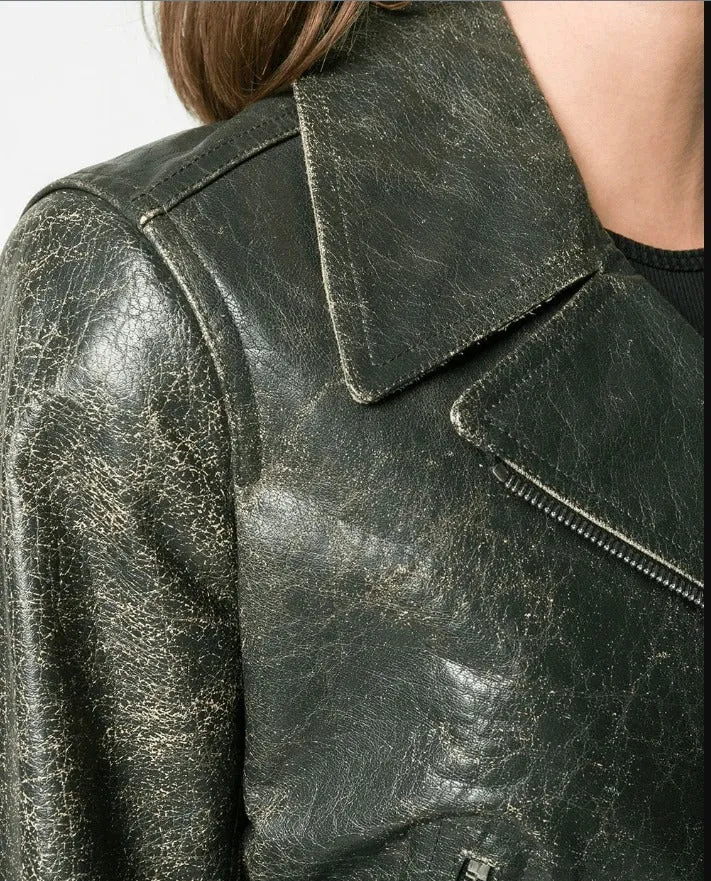 Women’s Khaki Distressed Vintage Leather Jacket with Classic Fit