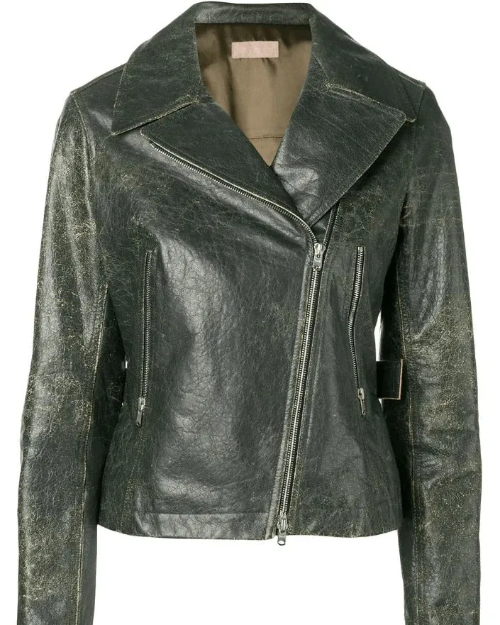 Women’s Khaki Distressed Vintage Leather Jacket with Classic Fit