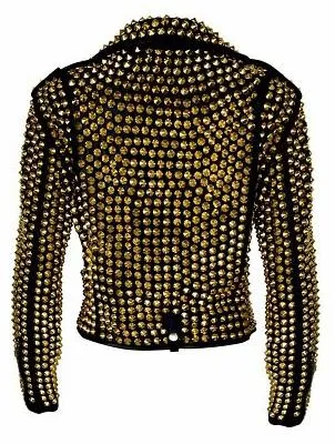 Women's Luxury Black Punk Cowhide Brando Leather Jacket with Gold Studs