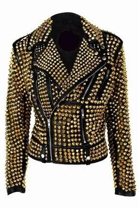 Women's Luxury Black Punk Cowhide Brando Leather Jacket with Gold Studs