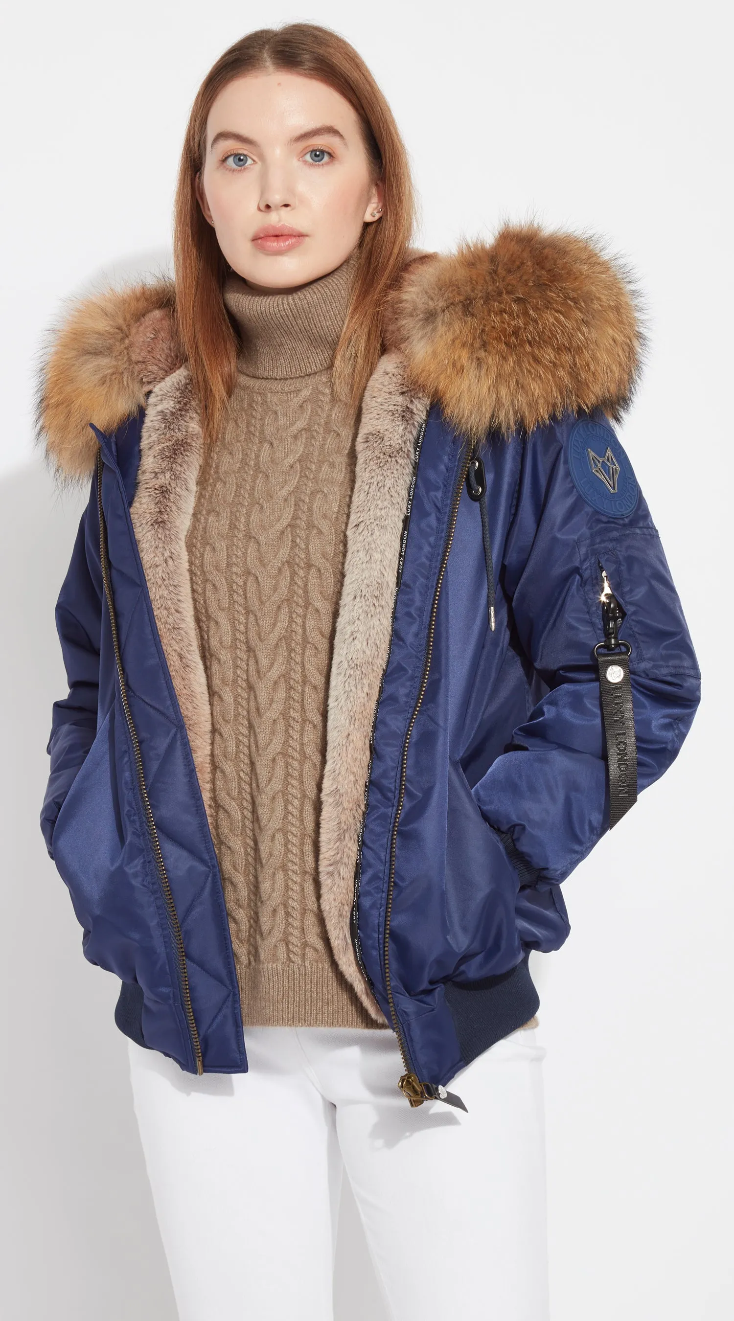 Womens Navy Luxy Fur Bomber - Natural