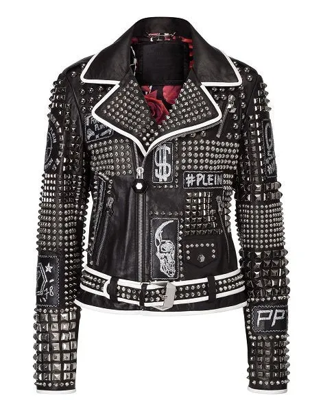 Women’s Philip Black Studded Leather Jacket with White Lining and Patches