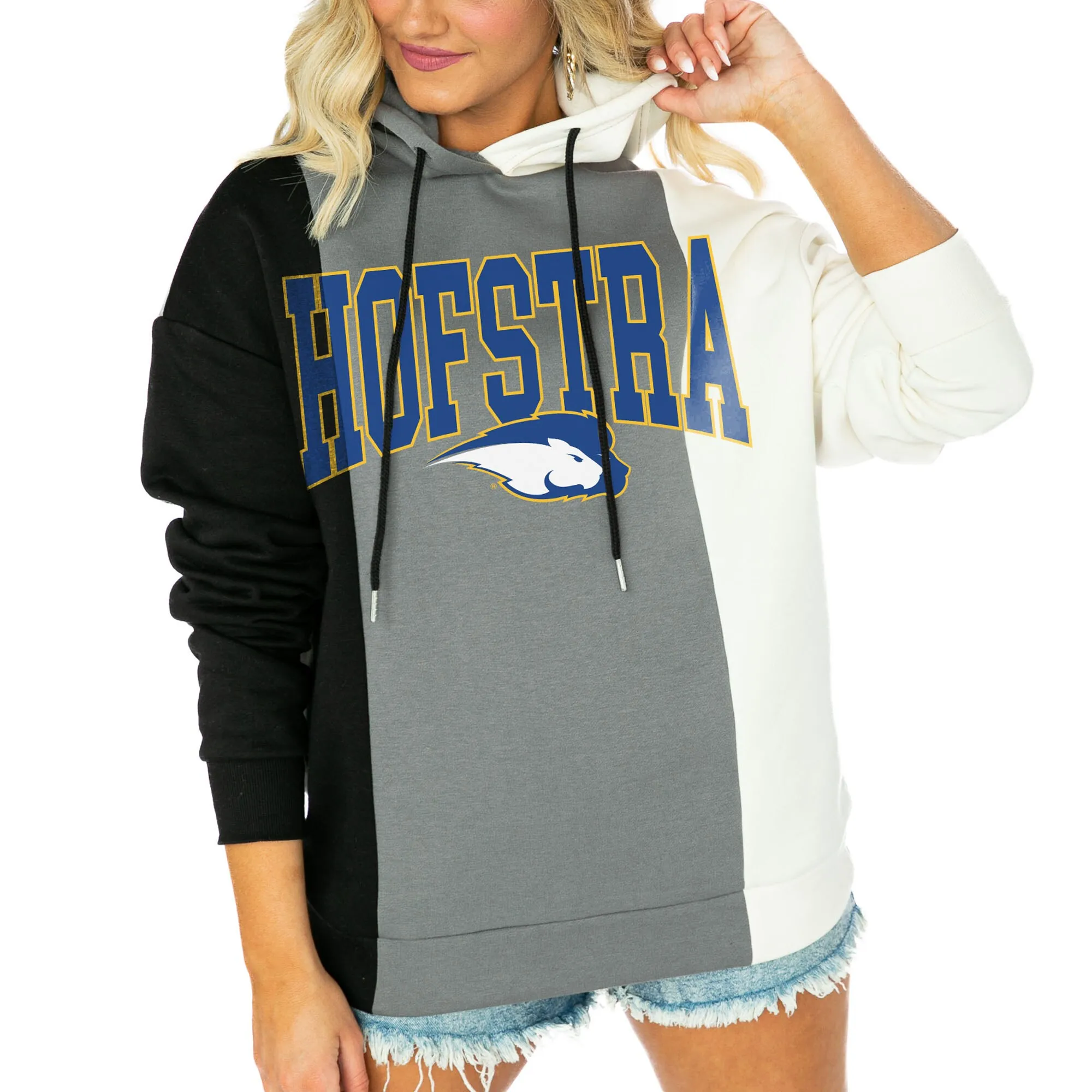 Women's Gameday Couture  Black/White Hofstra University Pride Victory Tri-Color Pullover Hoodie