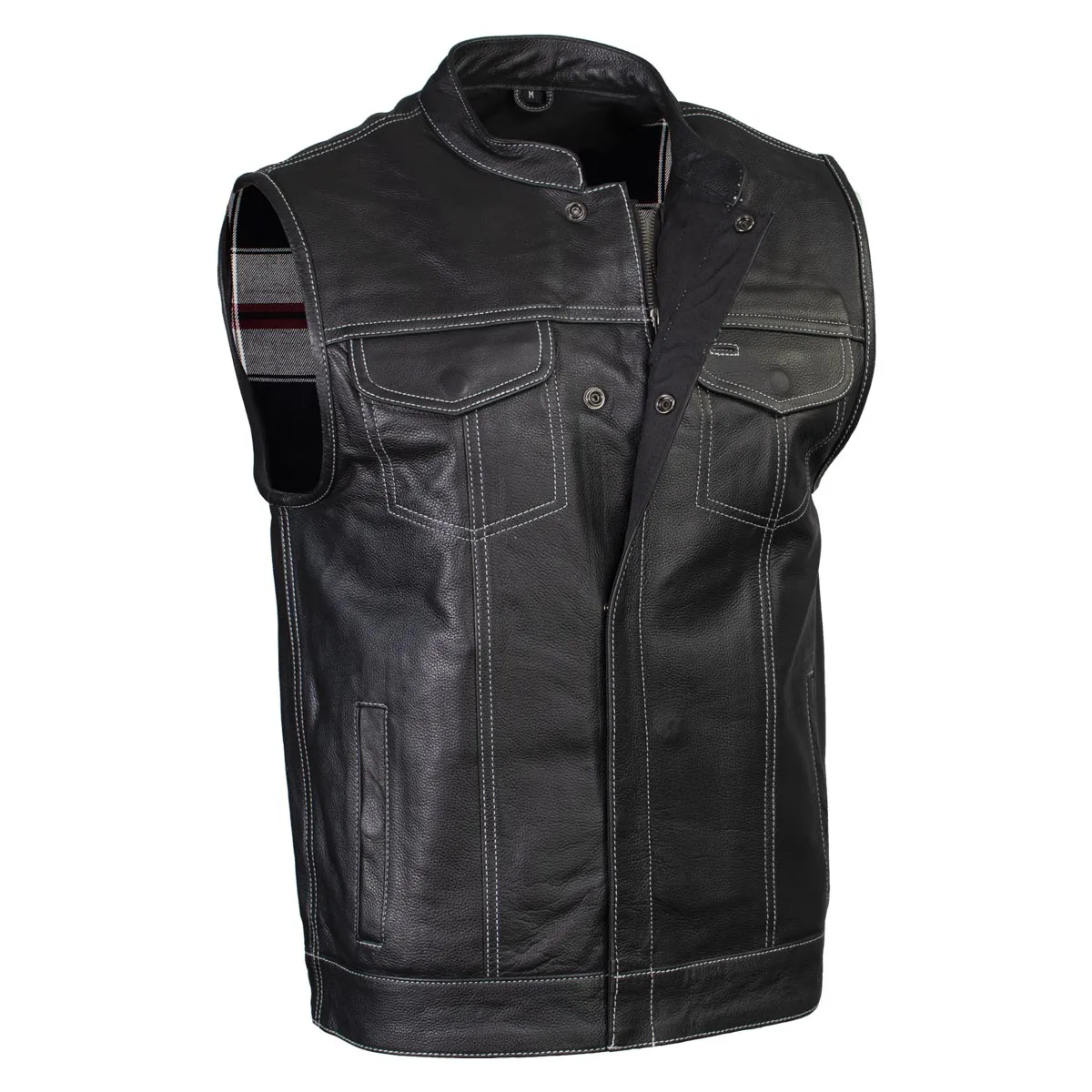 Xelement ‘Gold Series’ XS13004 Men's 'Dagger’ Black Leather MC Vest with Flannel Liner